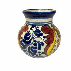 Mexican Talavera Pottery Vase Small Folk Art Cobalt Blue Yellow Orange Handmade